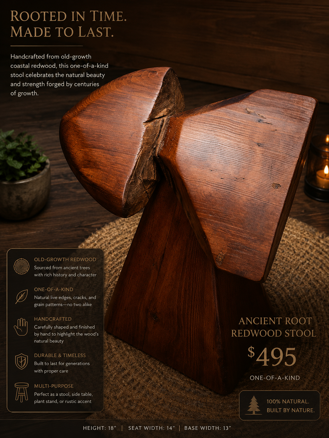 Ancient Forest Mushroom™ One-of-a-Kind Old-Growth Coastal Redwood Sculpture