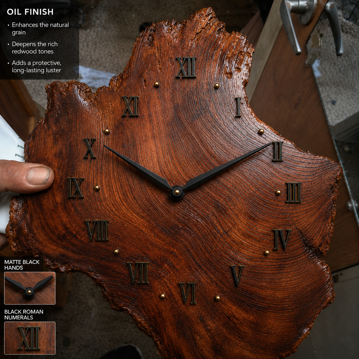 Handcrafted Old-Growth Coastal Redwood Wall Clock